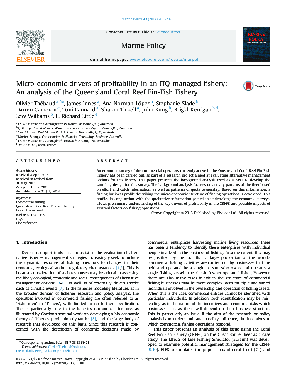 Micro-economic drivers of profitability in an ITQ-managed fishery: An analysis of the Queensland Coral Reef Fin-Fish Fishery