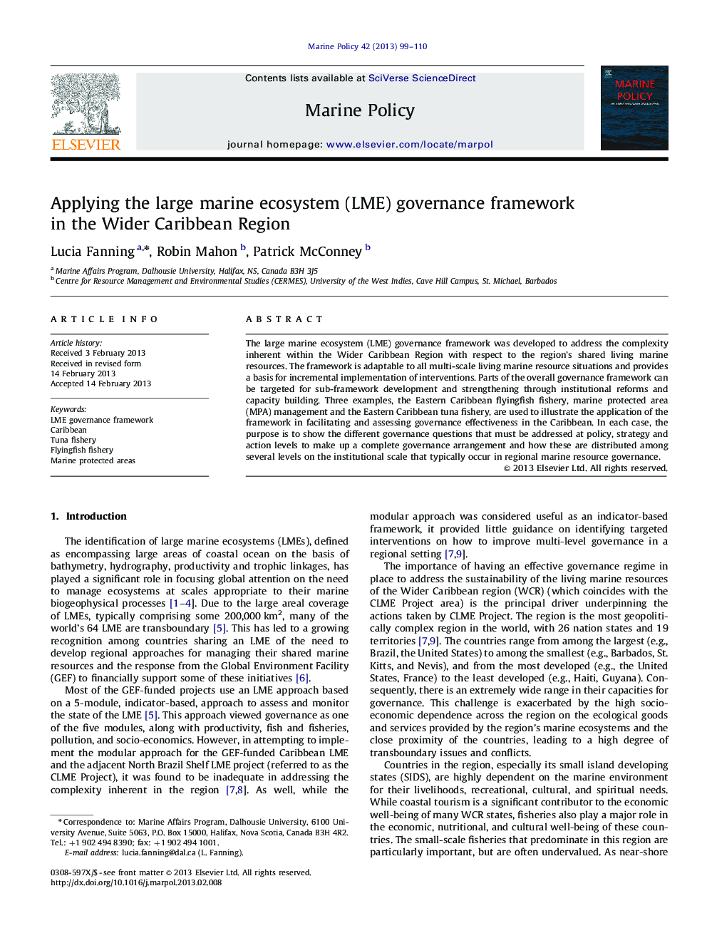 Applying the large marine ecosystem (LME) governance framework in the Wider Caribbean Region