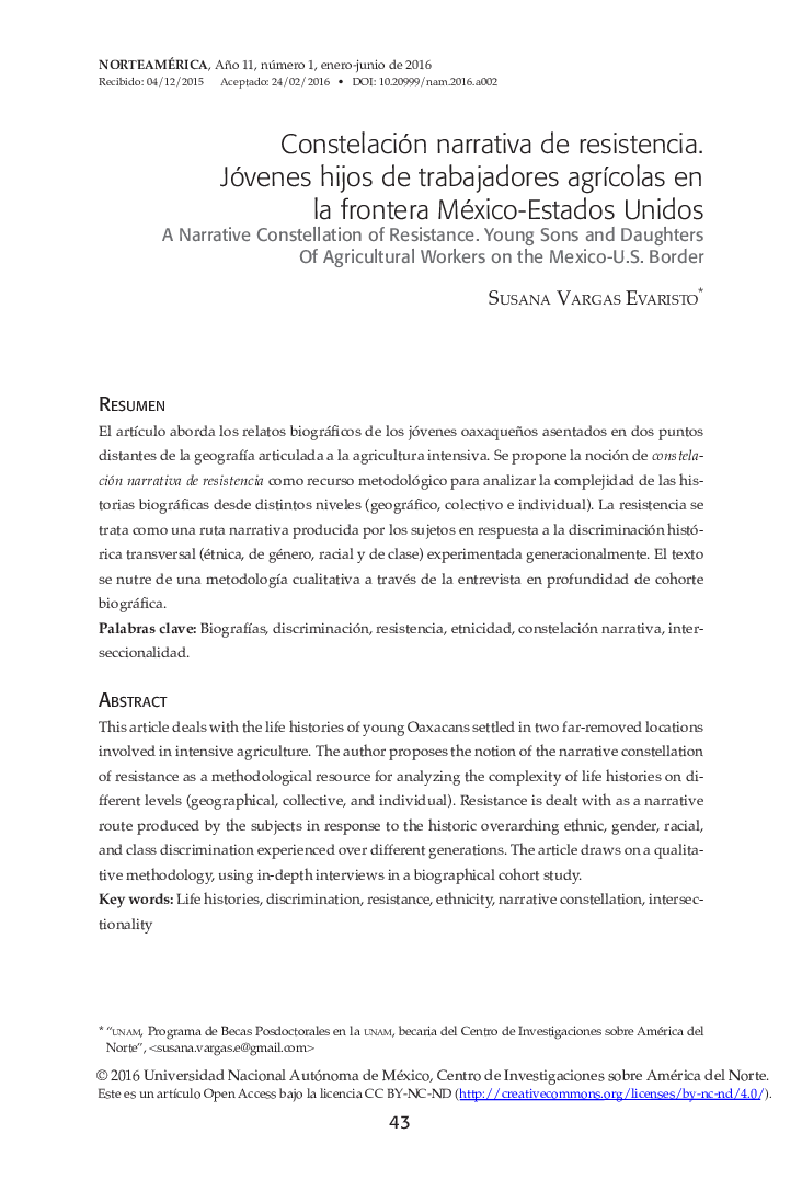 Constelación narrativa de resistencia. Jóvenes hijos de trabajadores agrÃ­colas en la frontera México-Estados Unidos