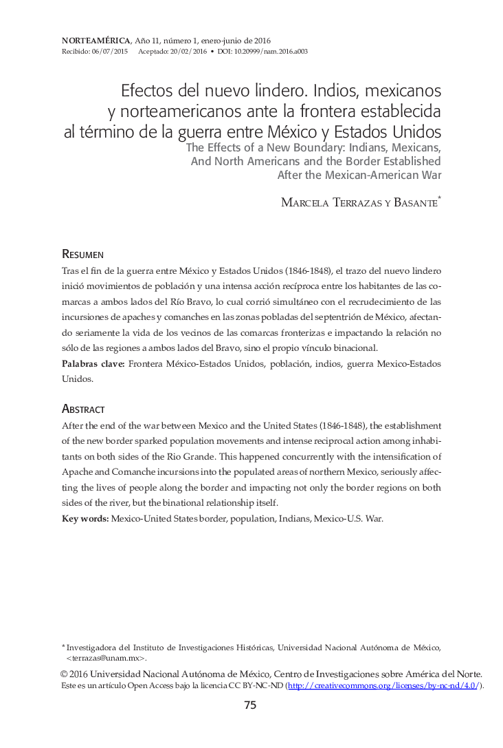 Efectos del nuevo lindero. Indios, mexicanos y norteamericanos ante la frontera establecida al término de la guerra entre México y Estados Unidos