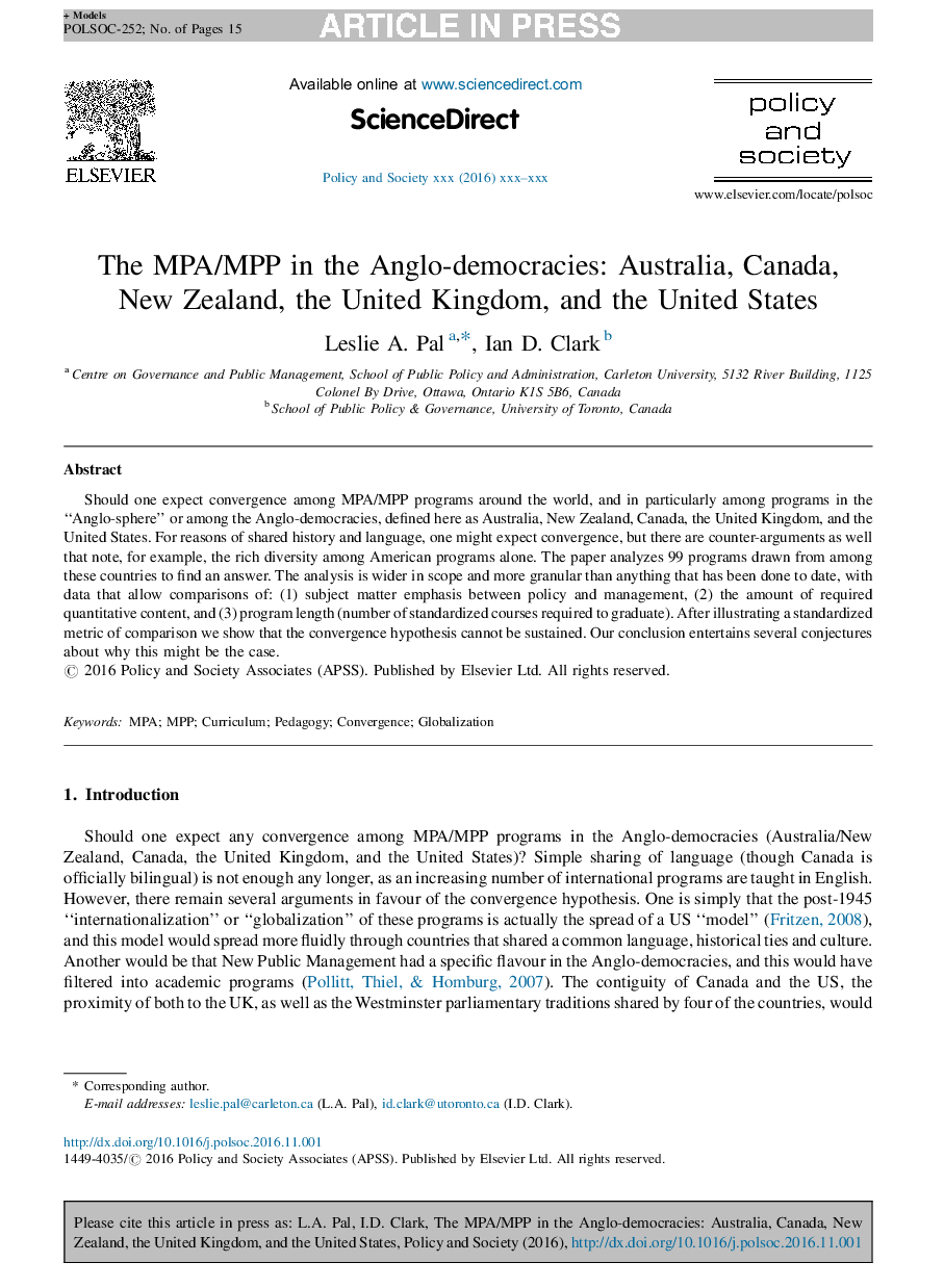 The MPA/MPP in the Anglo-democracies: Australia, Canada, New Zealand, the United Kingdom, and the United States