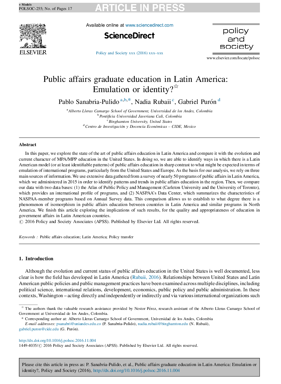 Public affairs graduate education in Latin America: Emulation or identity?