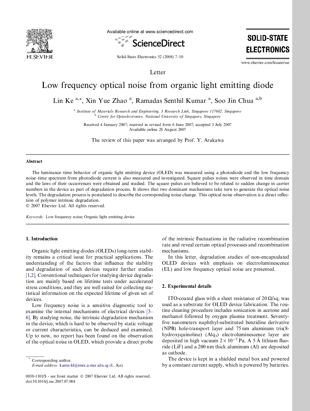 Low frequency optical noise from organic light emitting diode