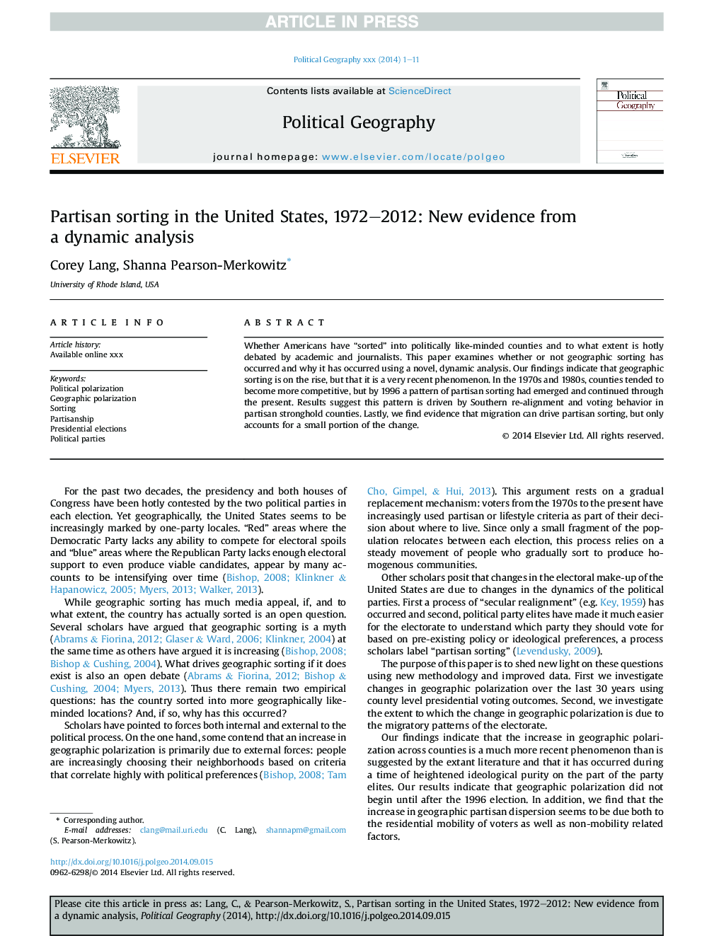 Partisan sorting in the United States, 1972-2012: New evidence from aÂ dynamic analysis