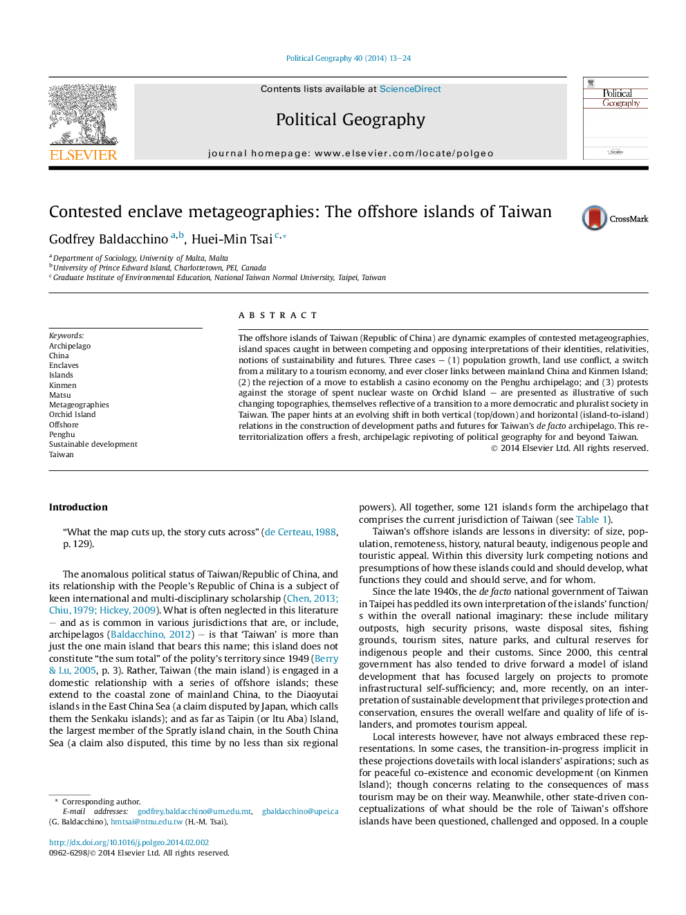 Contested enclave metageographies: The offshore islands of Taiwan