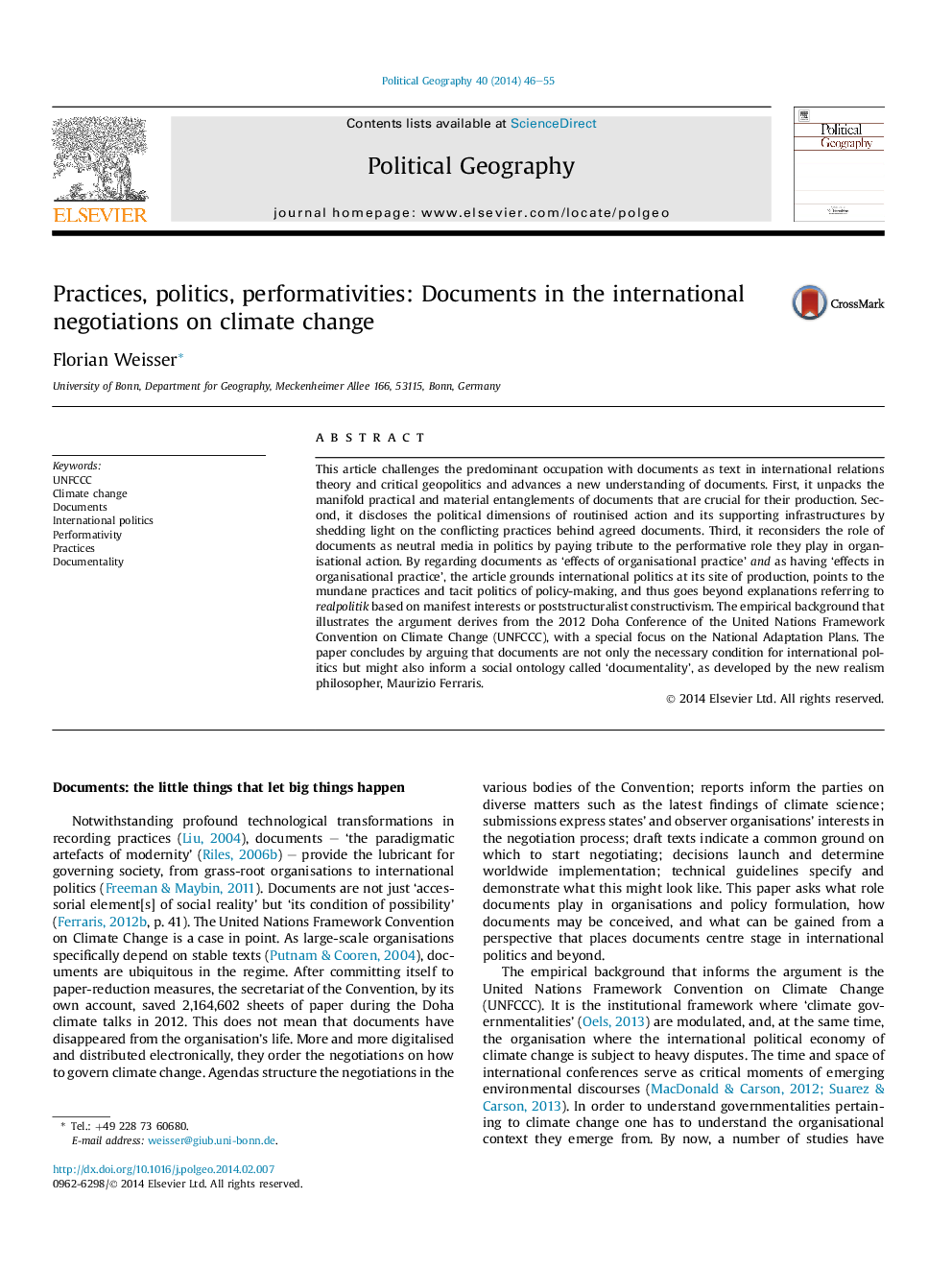 Practices, politics, performativities: Documents in the international negotiations on climate change