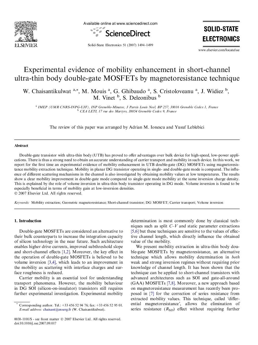 Experimental evidence of mobility enhancement in short-channel ultra-thin body double-gate MOSFETs by magnetoresistance technique