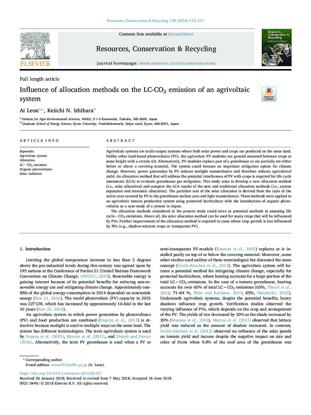 عکس صفحه اول مقاله: Influence of allocation methods on the LC-CO2 emission of an agrivoltaic system Influence of allocation methods on the LC-CO2 emission of an agrivoltaic system