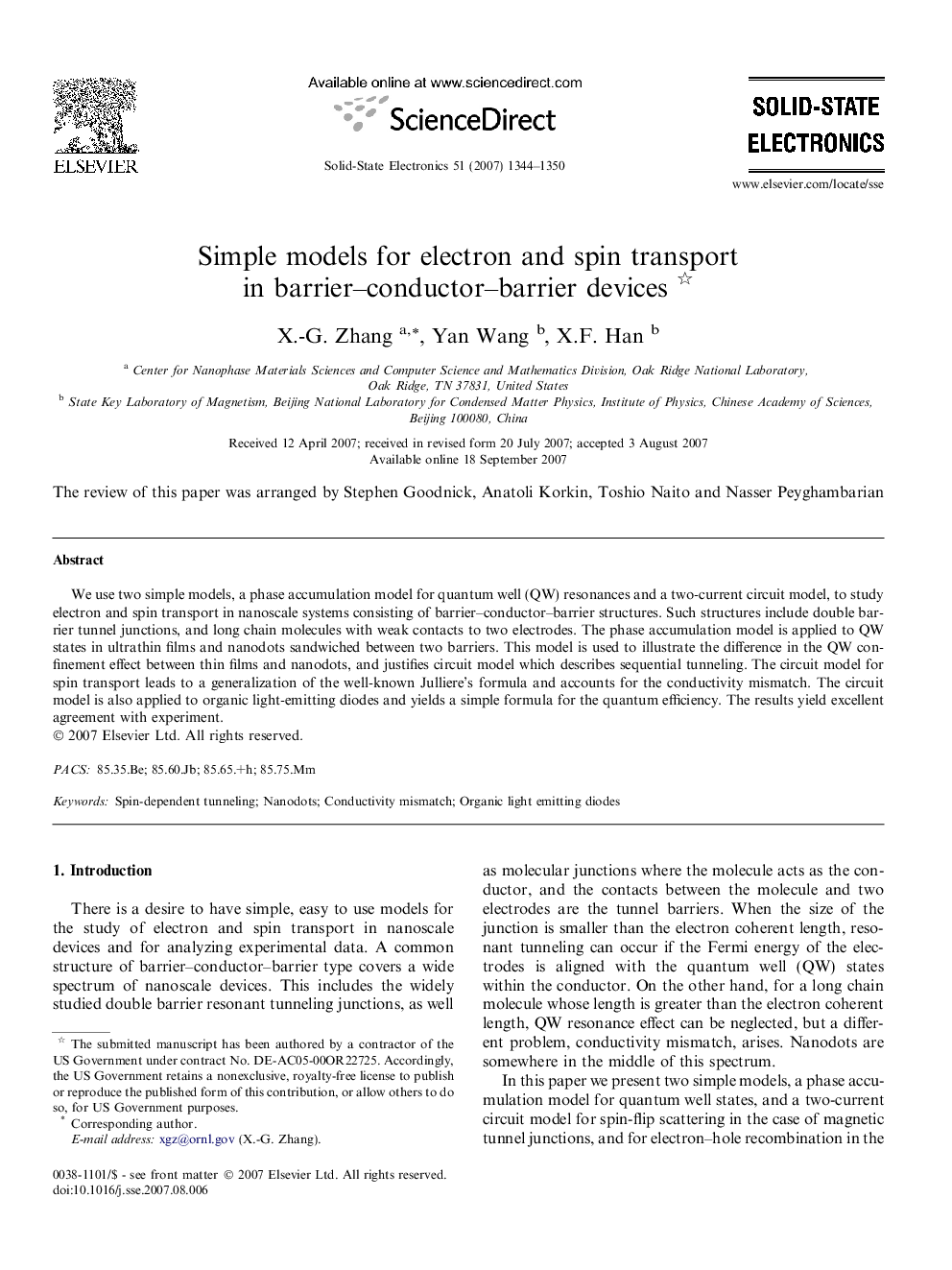 Simple models for electron and spin transport in barrier–conductor–barrier devices 