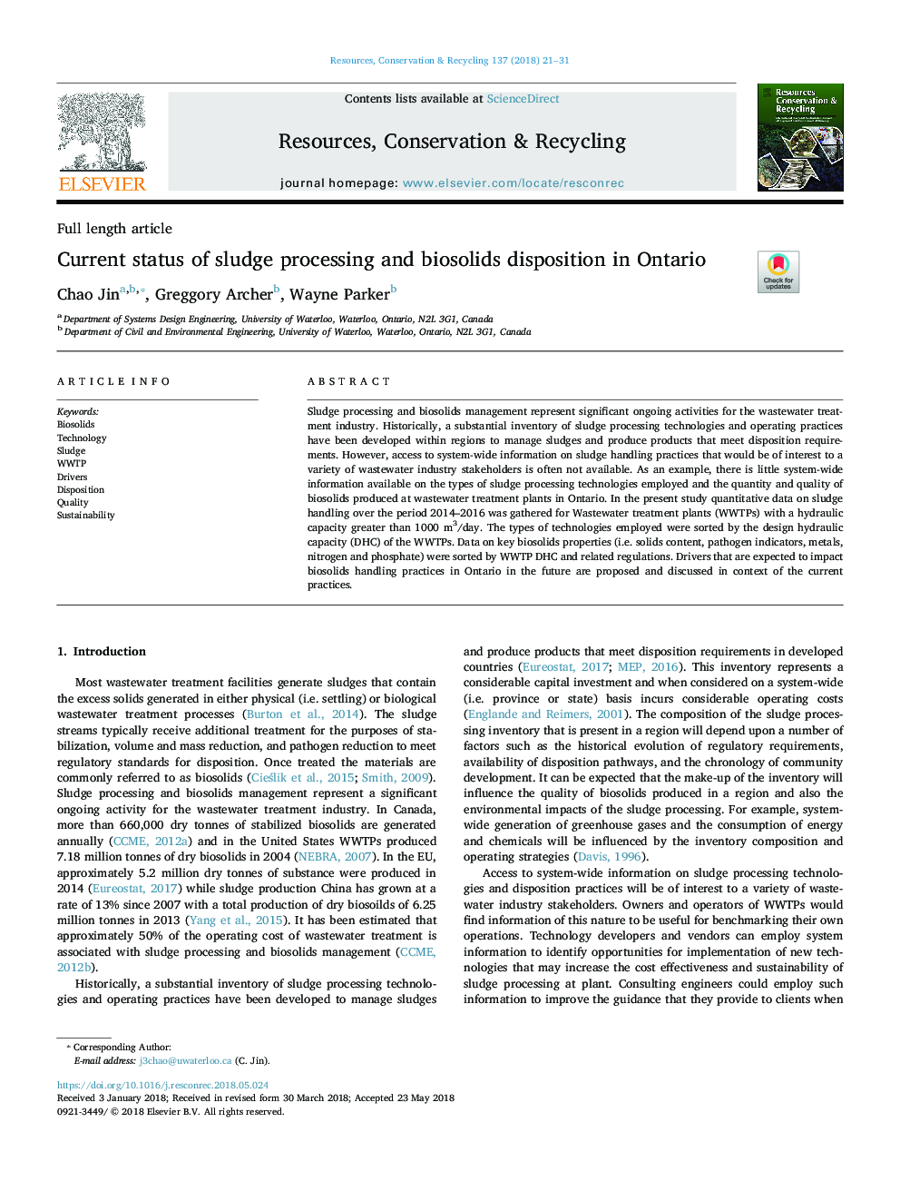 Current status of sludge processing and biosolids disposition in Ontario