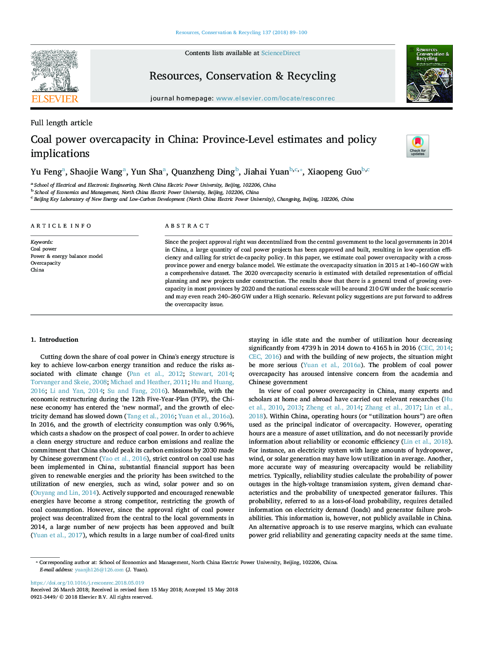 Coal power overcapacity in China: Province-Level estimates and policy implications