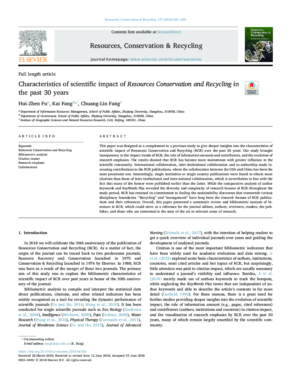 Characteristics of scientific impact of Resources Conservation and Recycling in the past 30 years