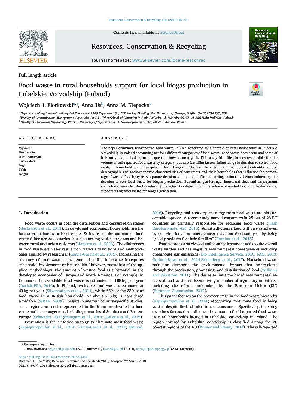 Food waste in rural households support for local biogas production in Lubelskie Voivodship (Poland)