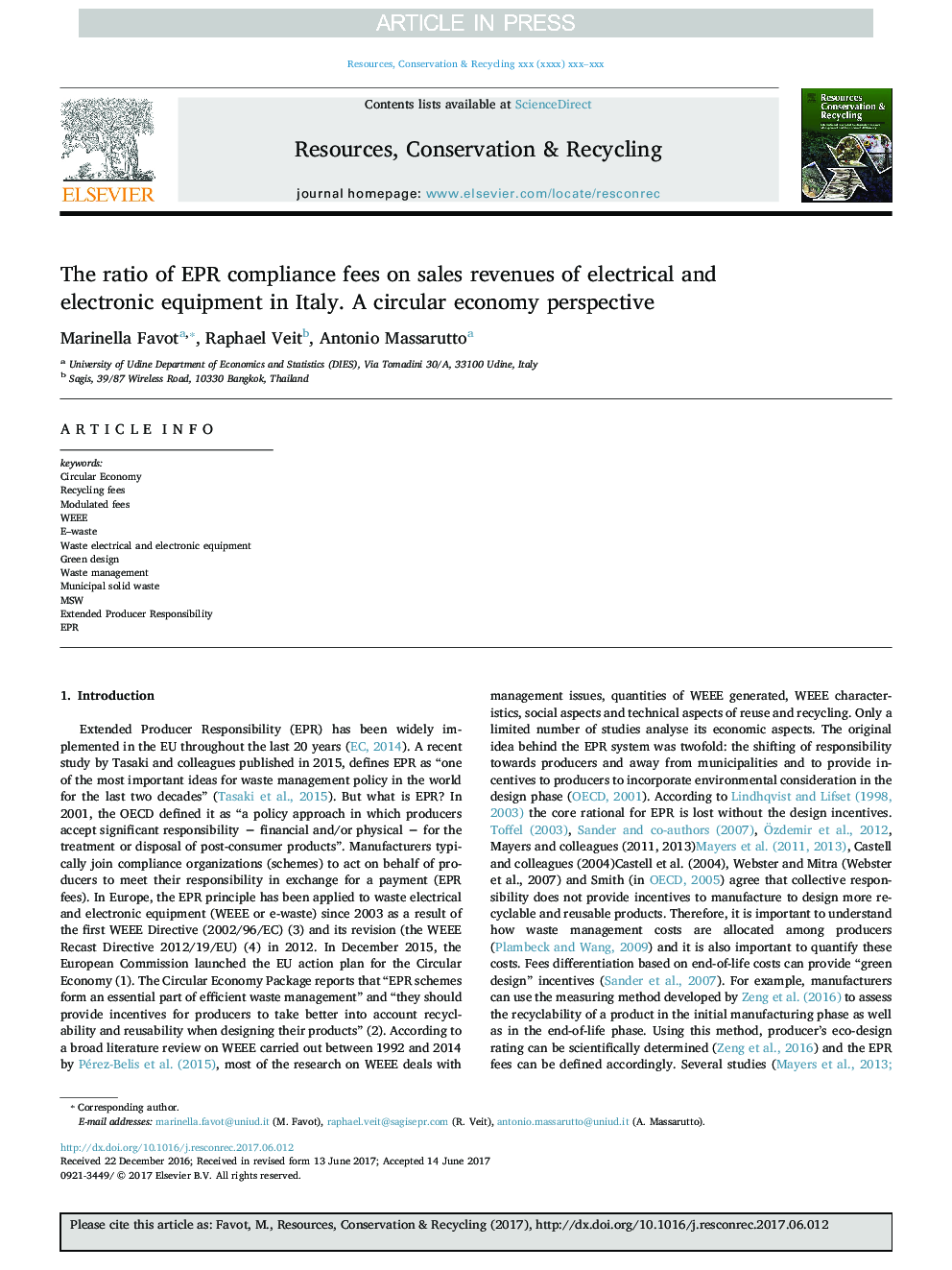 The ratio of EPR compliance fees on sales revenues of electrical and electronic equipment in Italy. A circular economy perspective