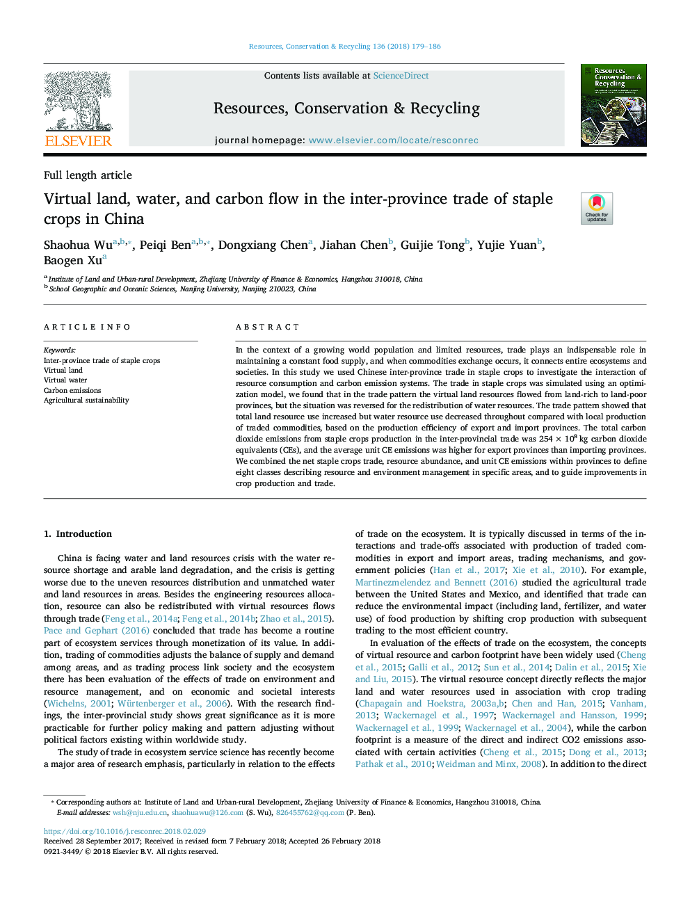 Virtual land, water, and carbon flow in the inter-province trade of staple crops in China