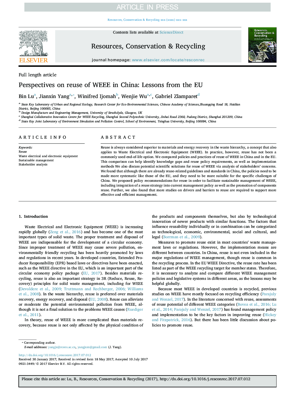 Perspectives on reuse of WEEE in China: Lessons from the EU