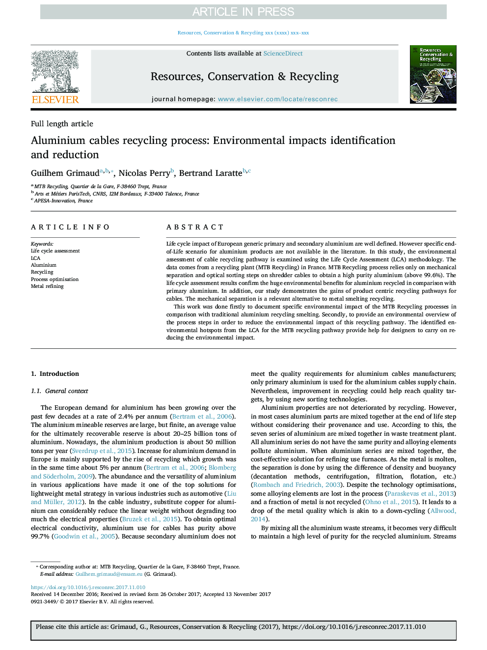 Aluminium cables recycling process: Environmental impacts identification and reduction