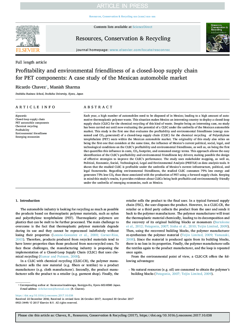 Profitability and environmental friendliness of a closed-loop supply chain for PET components: A case study of the Mexican automobile market