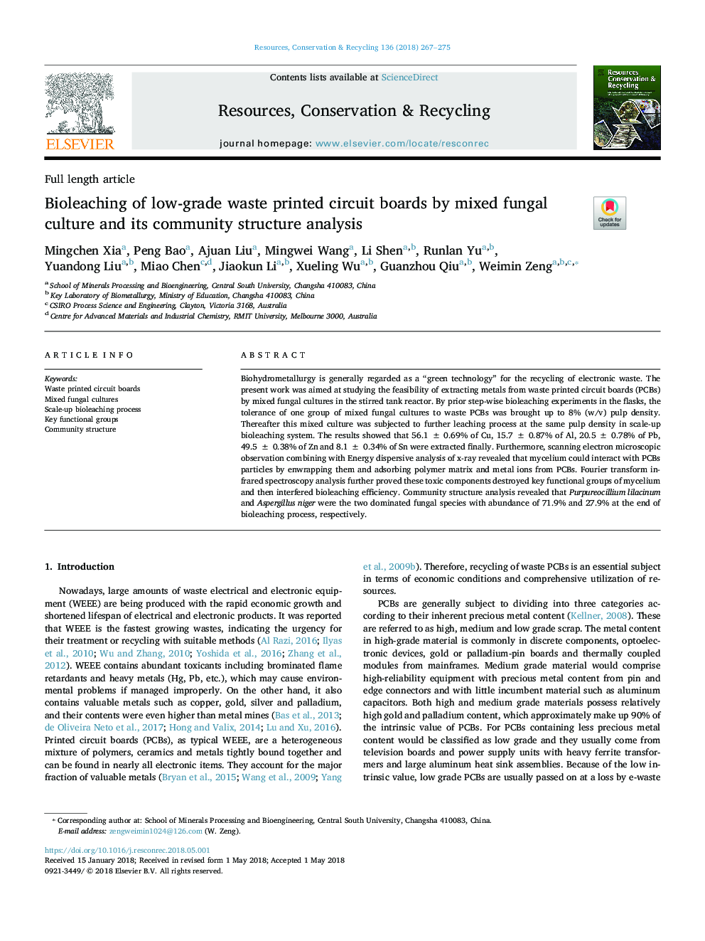 Bioleaching of low-grade waste printed circuit boards by mixed fungal culture and its community structure analysis