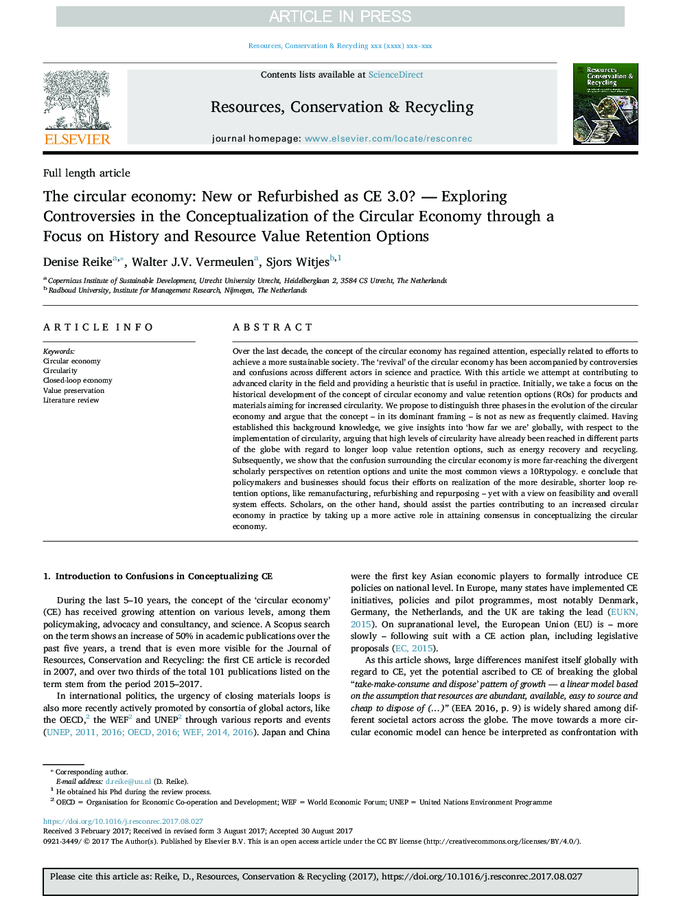 The circular economy: New or Refurbished as CE 3.0? - Exploring Controversies in the Conceptualization of the Circular Economy through a Focus on History and Resource Value Retention Options