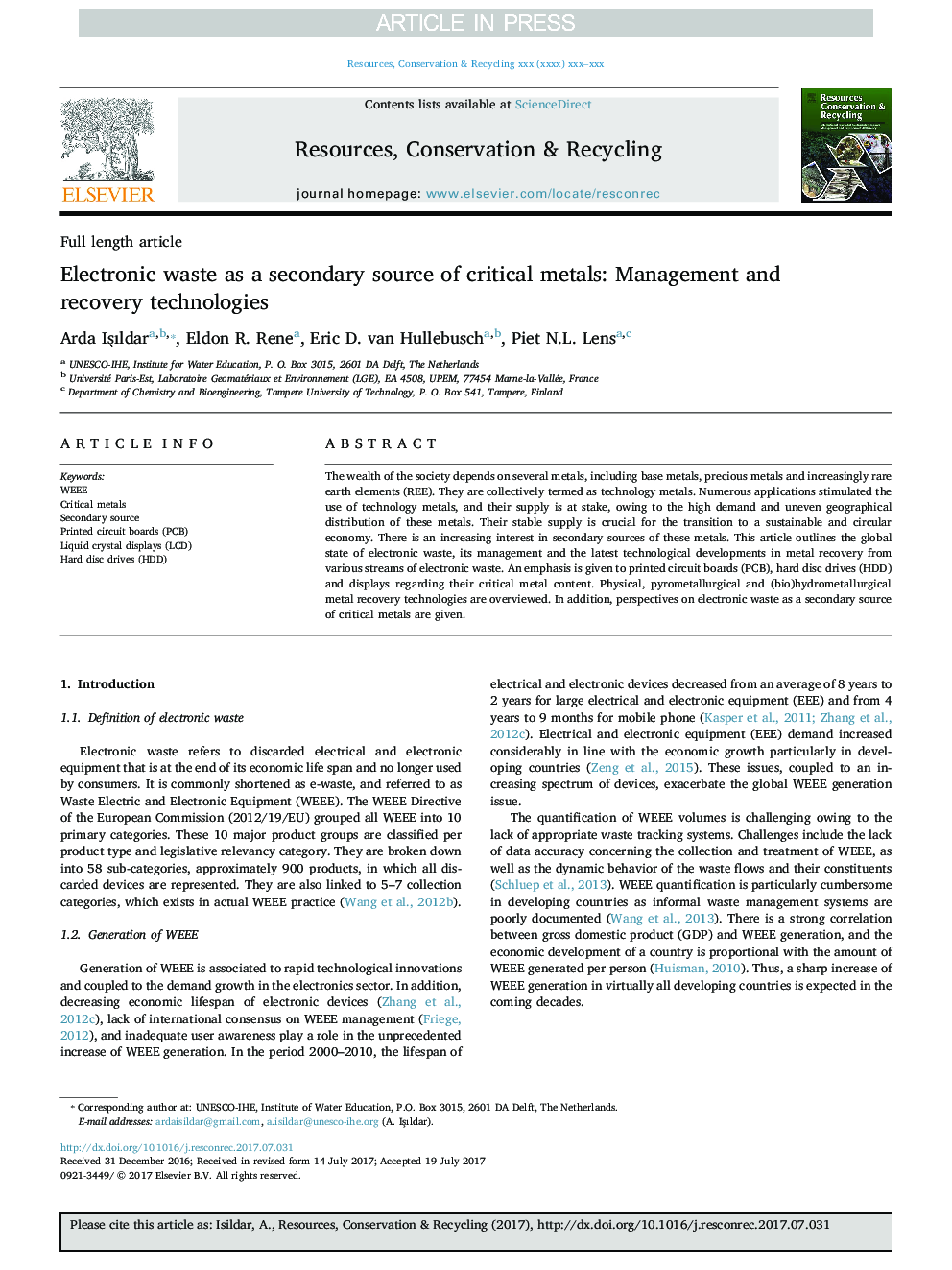 Electronic waste as a secondary source of critical metals: Management and recovery technologies