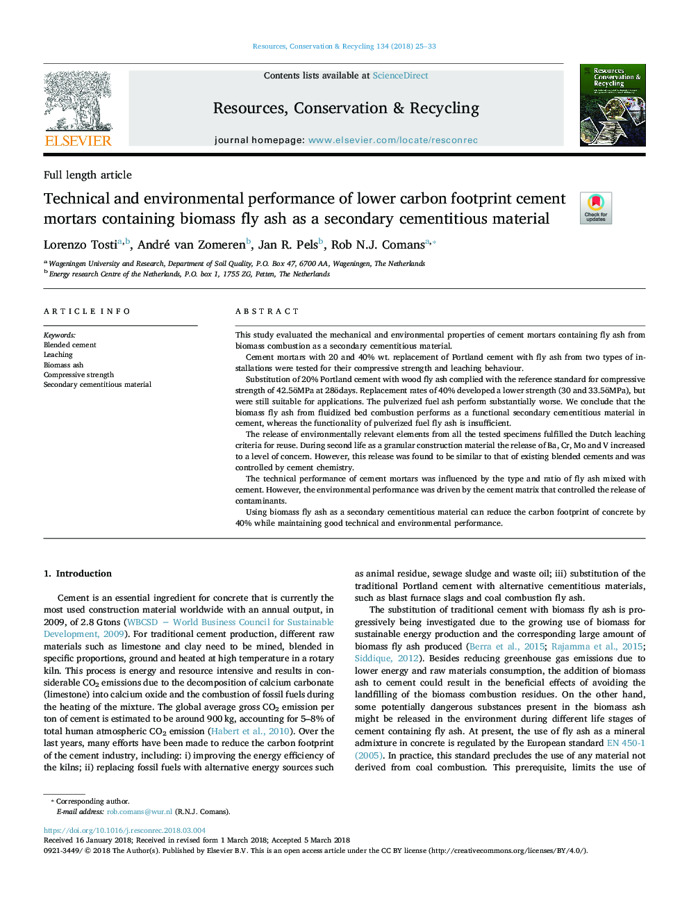 Technical and environmental performance of lower carbon footprint cement mortars containing biomass fly ash as a secondary cementitious material