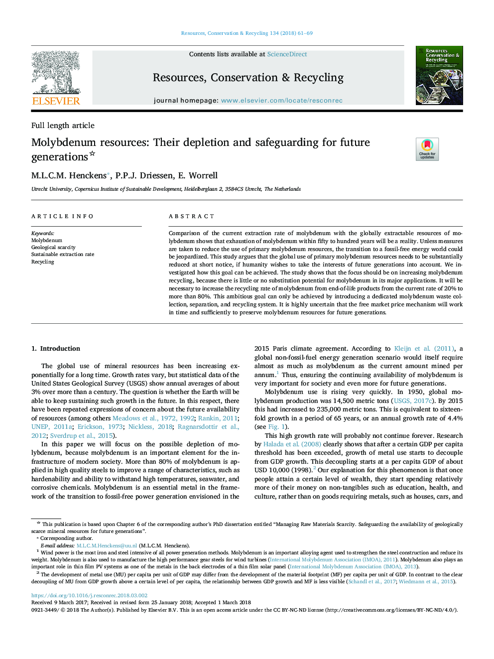 Molybdenum resources: Their depletion and safeguarding for future generations