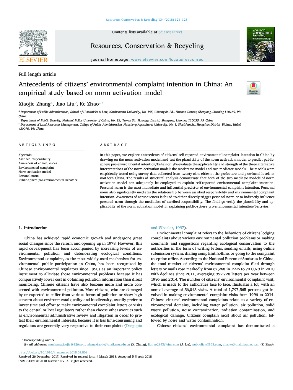 Antecedents of citizens' environmental complaint intention in China: An empirical study based on norm activation model