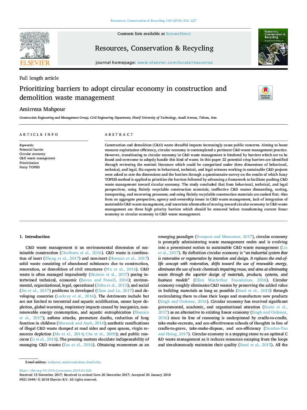 Prioritizing barriers to adopt circular economy in construction and demolition waste management