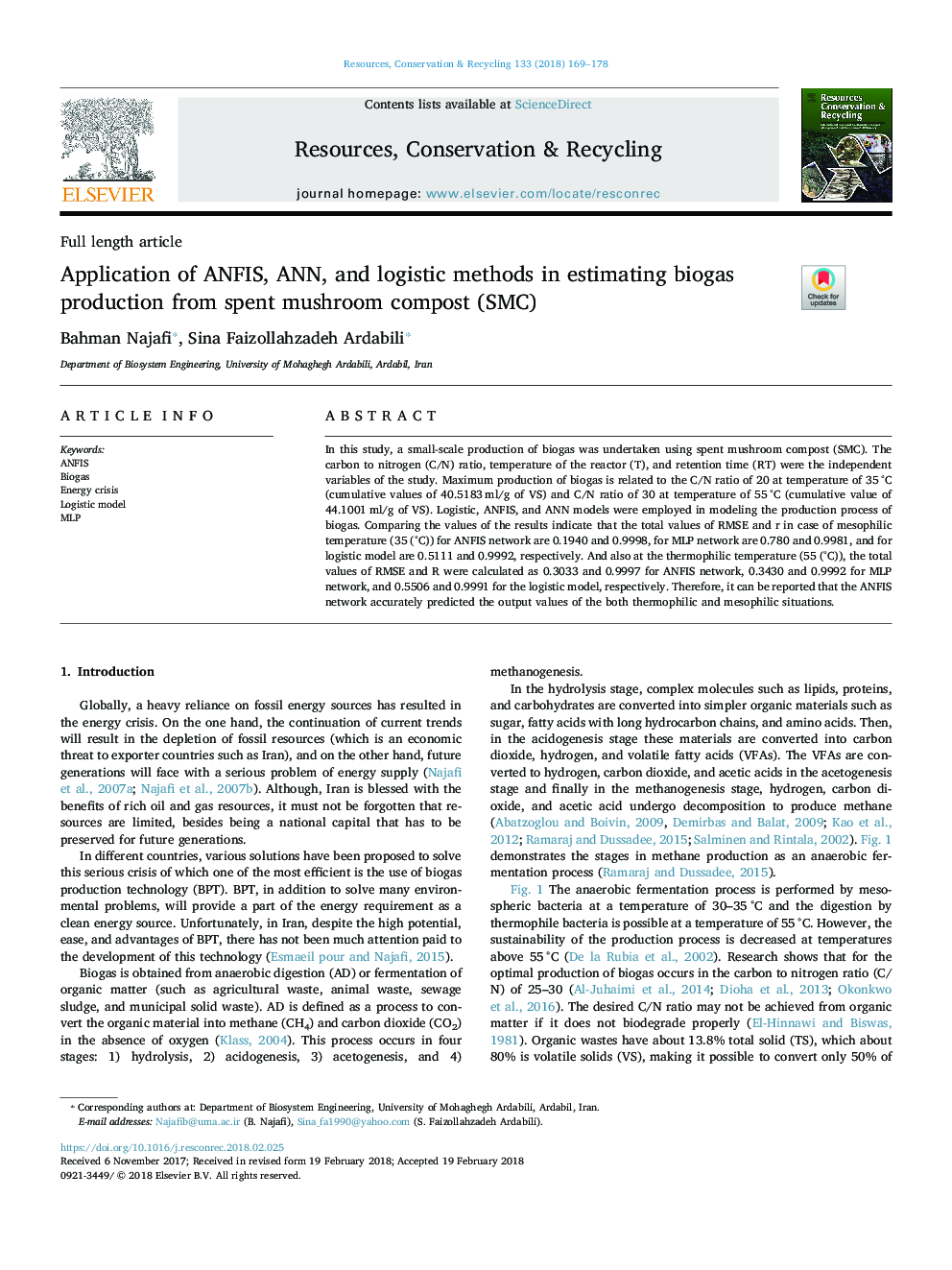 Application of ANFIS, ANN, and logistic methods in estimating biogas production from spent mushroom compost (SMC)