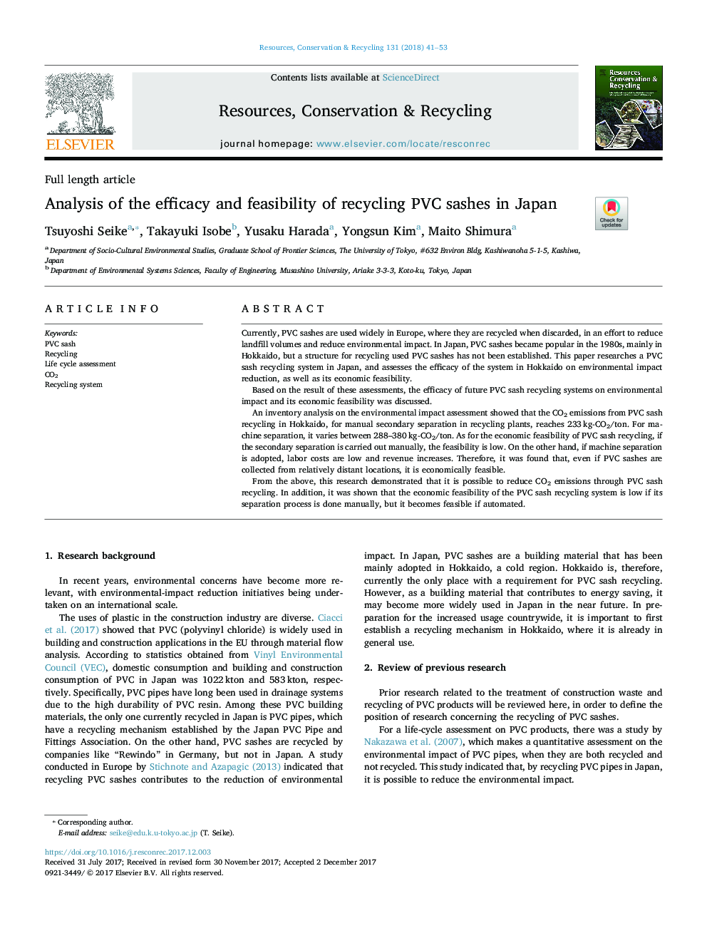 Analysis of the efficacy and feasibility of recycling PVC sashes in Japan