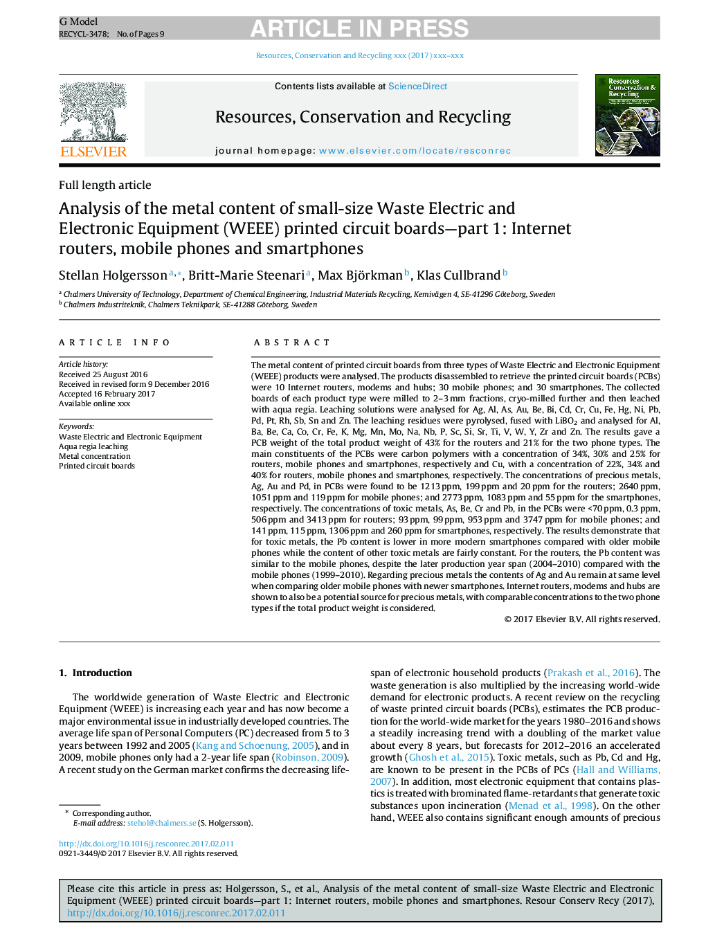 Analysis of the metal content of small-size Waste Electric and Electronic Equipment (WEEE) printed circuit boards-part 1: Internet routers, mobile phones and smartphones