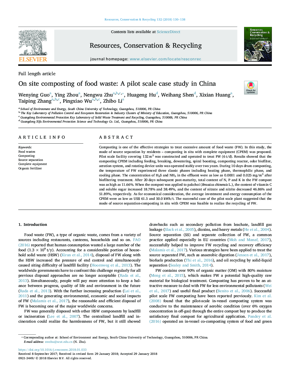 On site composting of food waste: A pilot scale case study in China