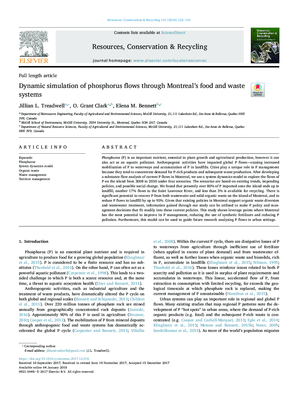 Dynamic simulation of phosphorus flows through Montreal's food and waste systems