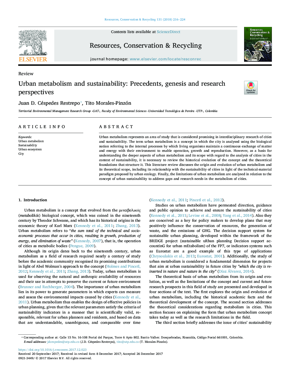 Urban metabolism and sustainability: Precedents, genesis and research perspectives