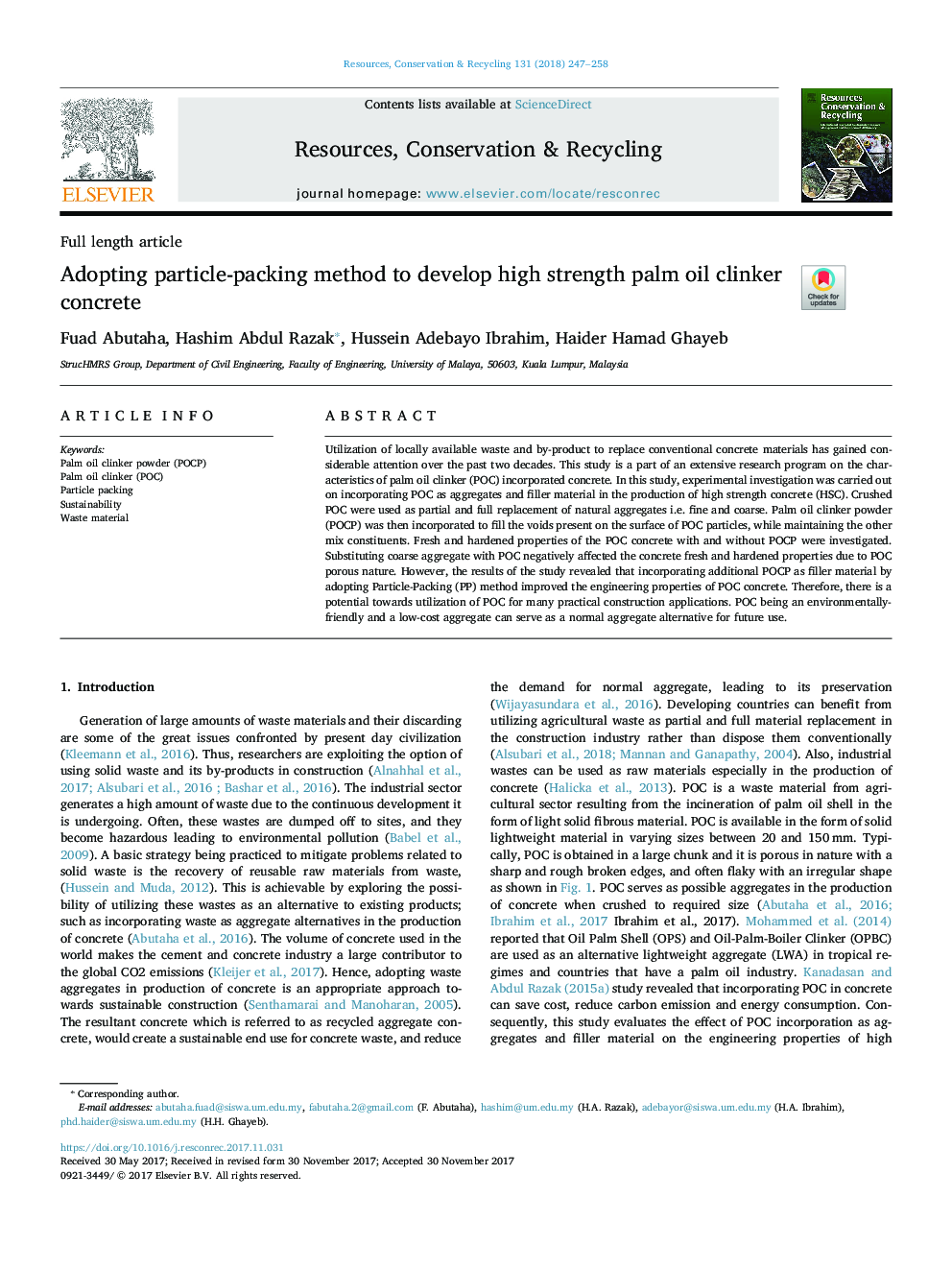 Adopting particle-packing method to develop high strength palm oil clinker concrete