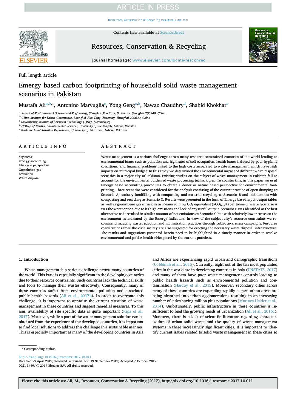 Emergy based carbon footprinting of household solid waste management scenarios in Pakistan