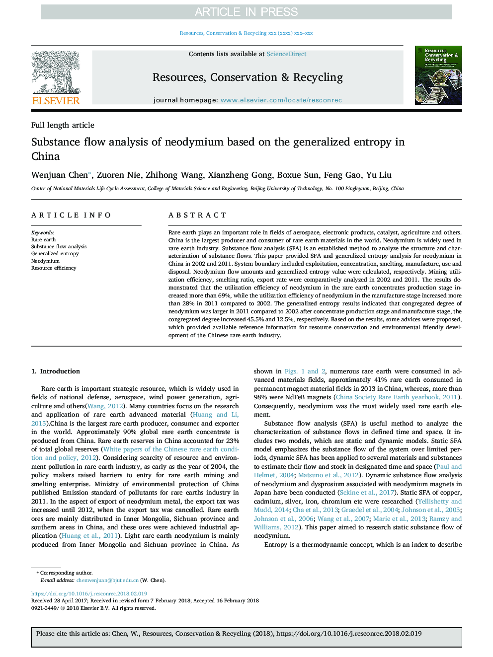 Substance flow analysis of neodymium based on the generalized entropy in China