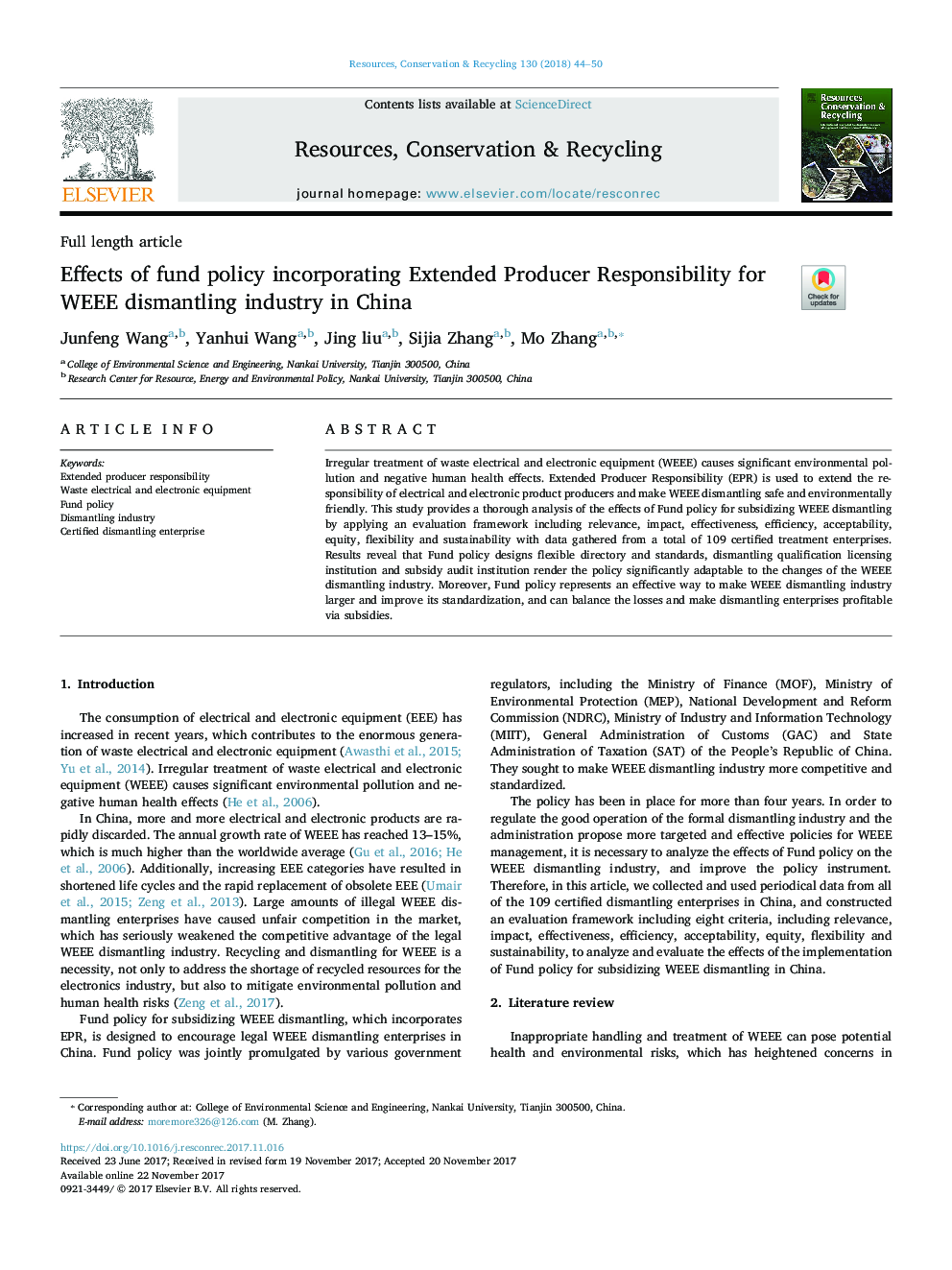 Effects of fund policy incorporating Extended Producer Responsibility for WEEE dismantling industry in China