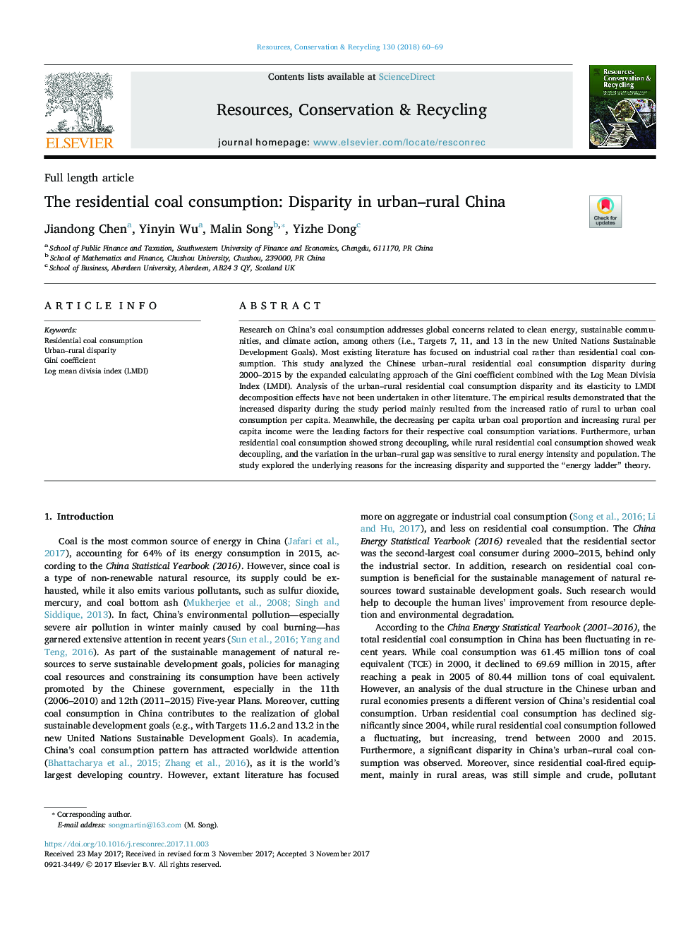 The residential coal consumption: Disparity in urban-rural China