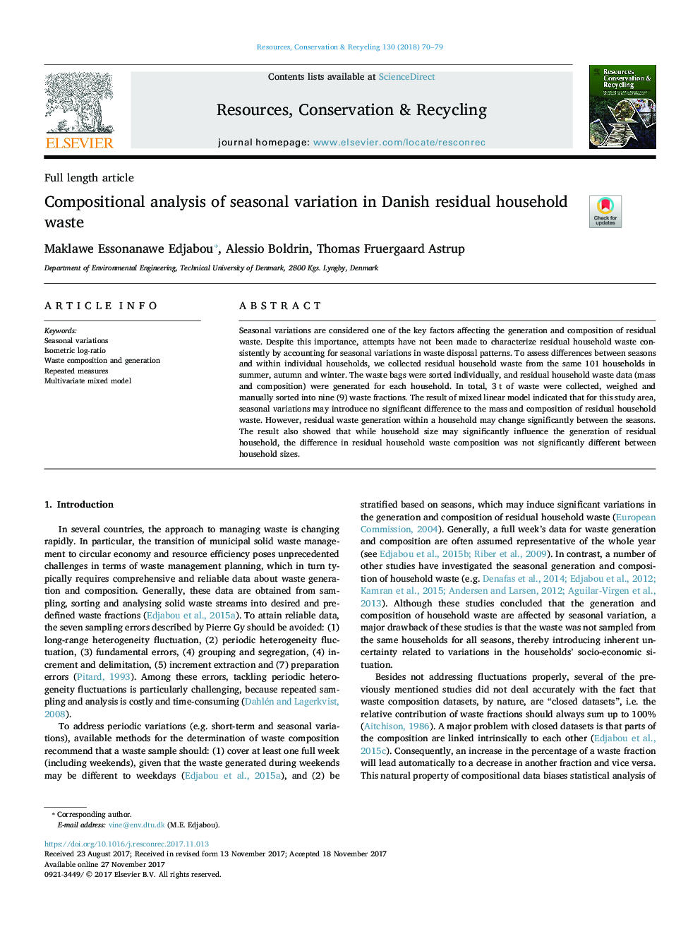 Compositional analysis of seasonal variation in Danish residual household waste