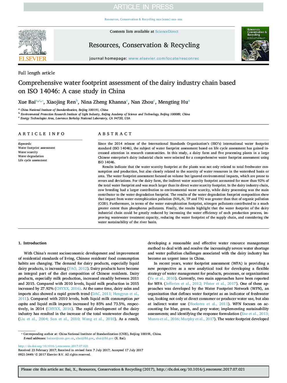 Comprehensive water footprint assessment of the dairy industry chain based on ISO 14046: A case study in China