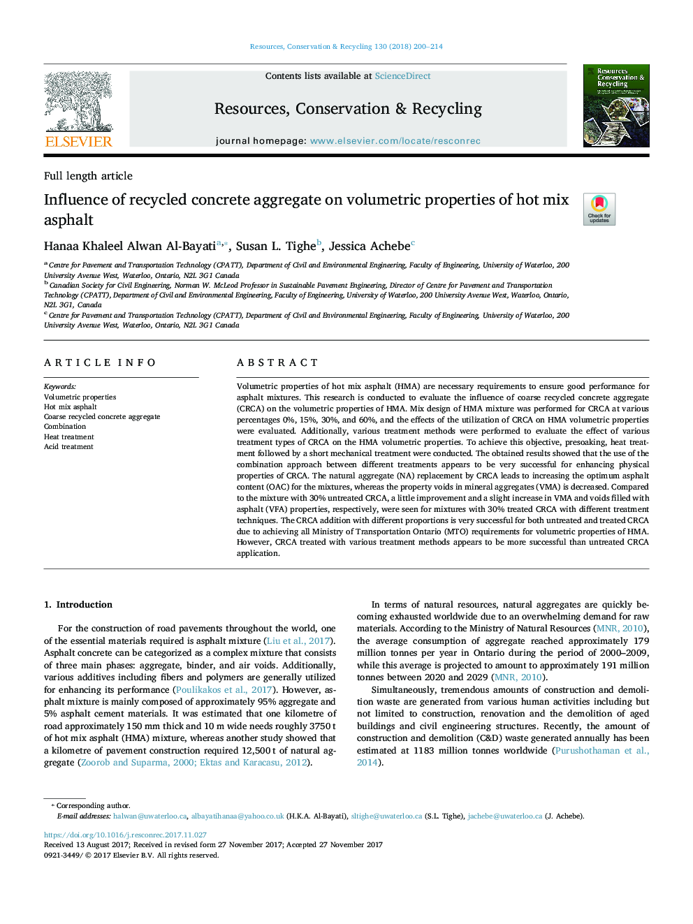 Influence of recycled concrete aggregate on volumetric properties of hot mix asphalt