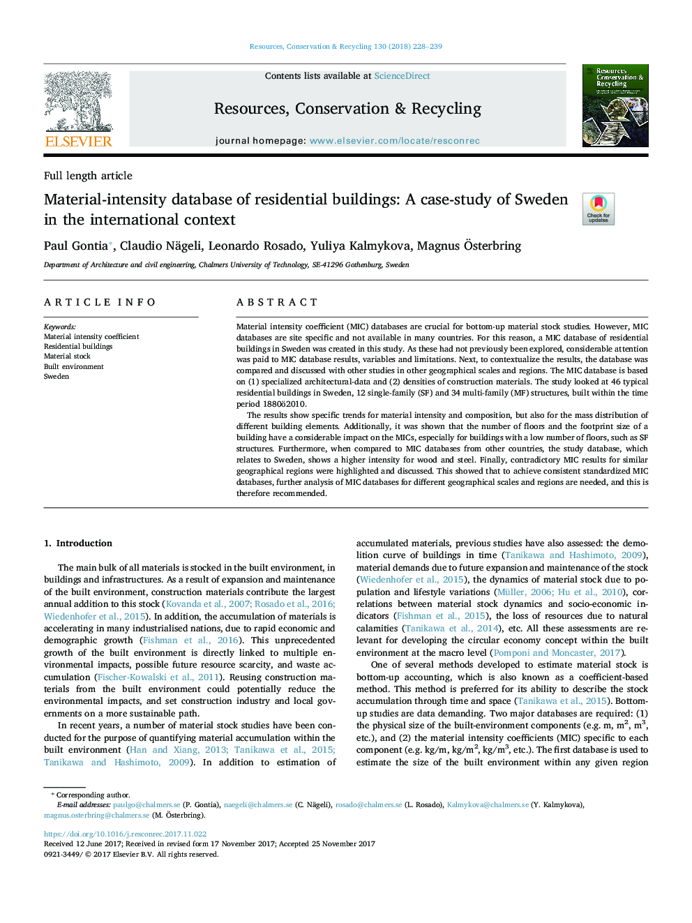 Material-intensity database of residential buildings: A case-study of Sweden in the international context