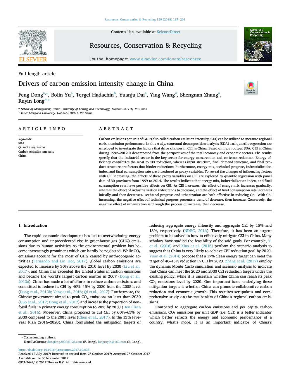 Drivers of carbon emission intensity change in China