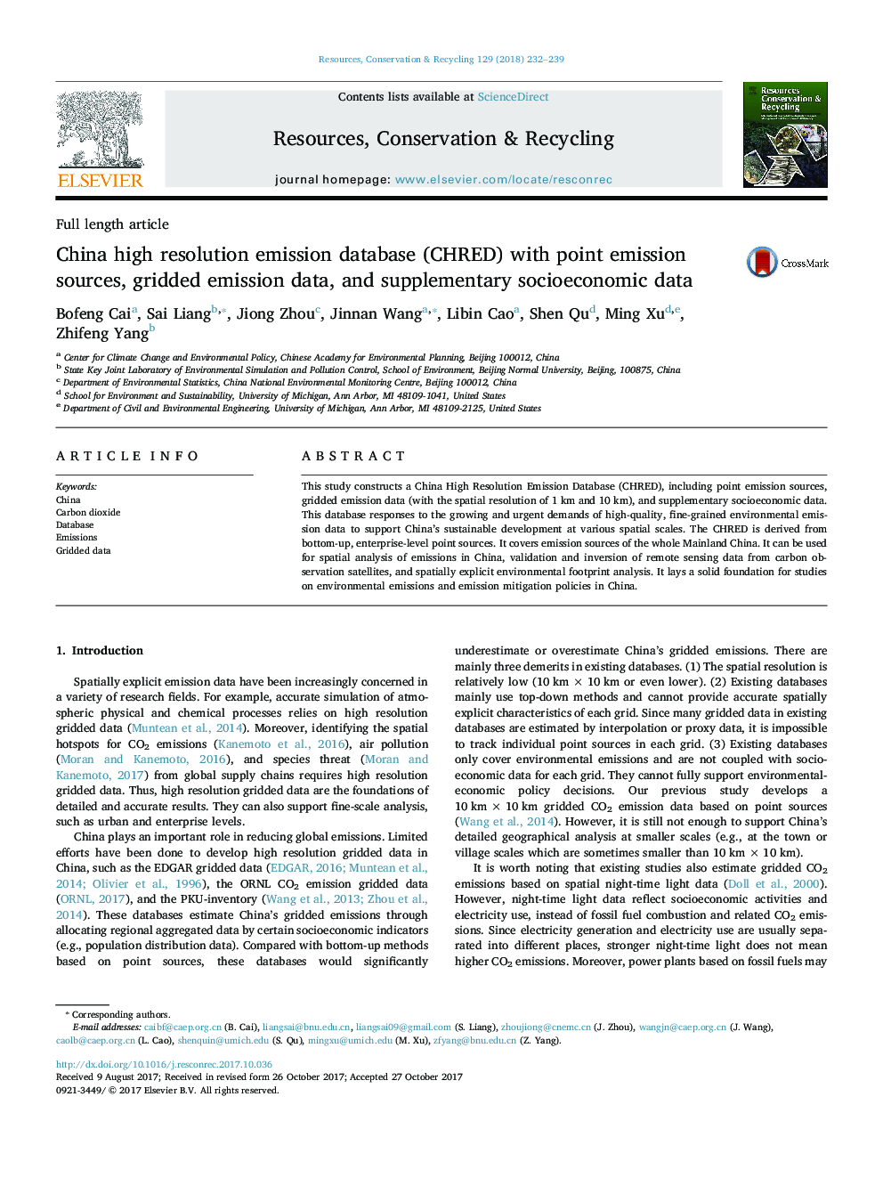 China high resolution emission database (CHRED) with point emission sources, gridded emission data, and supplementary socioeconomic data