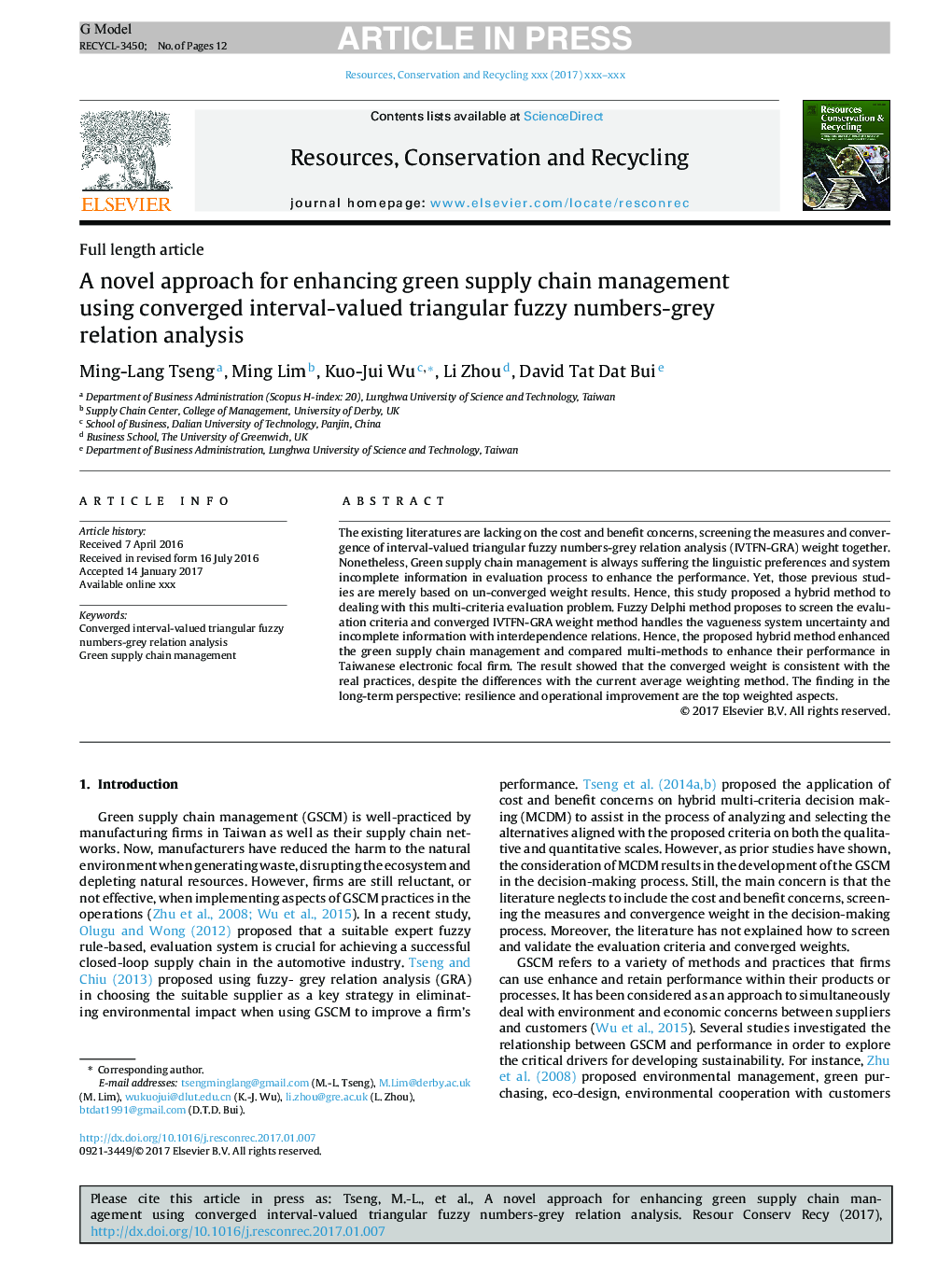 A novel approach for enhancing green supply chain management using converged interval-valued triangular fuzzy numbers-grey relation analysis