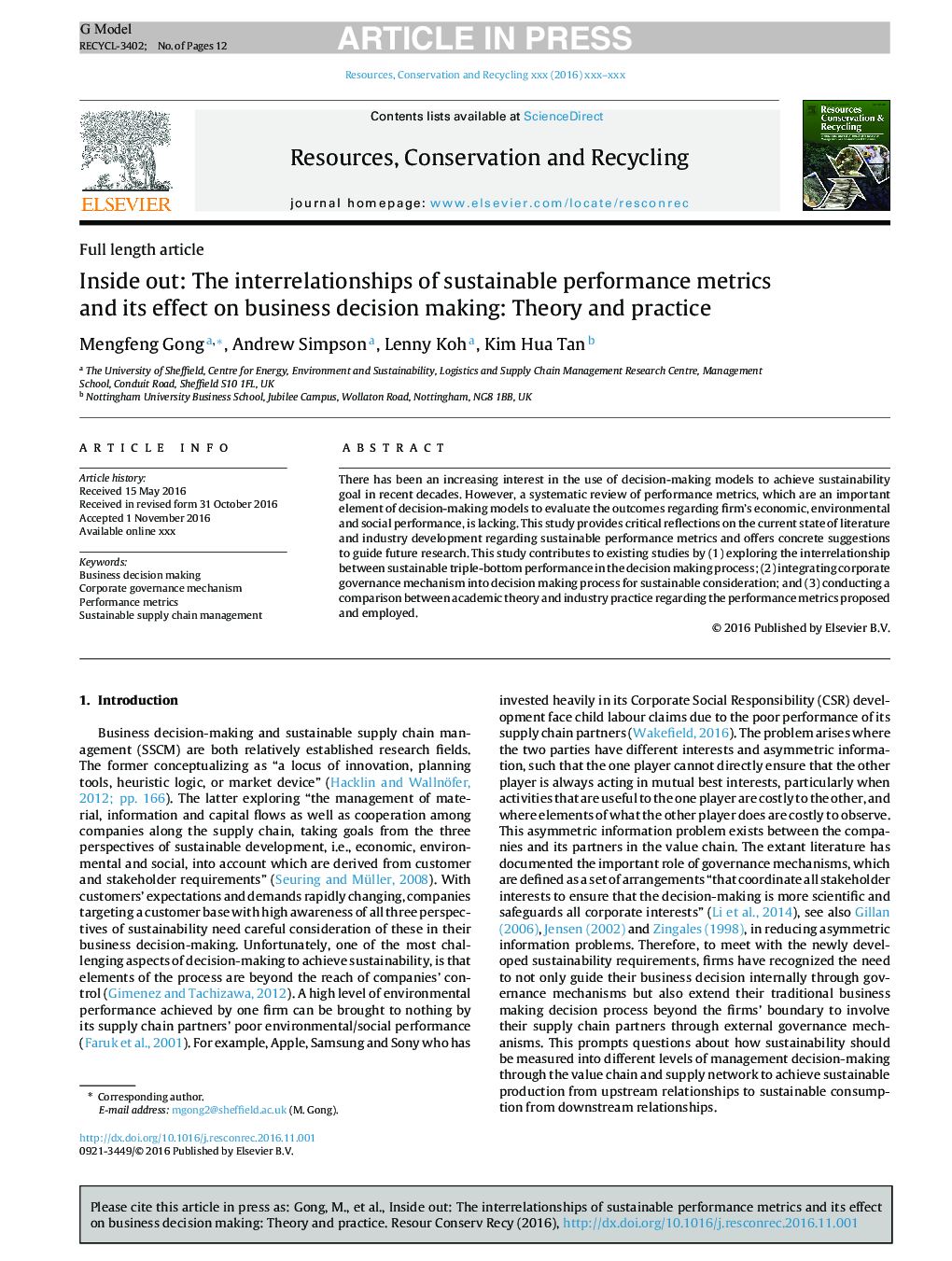 Inside out: The interrelationships of sustainable performance metrics and its effect on business decision making: Theory and practice