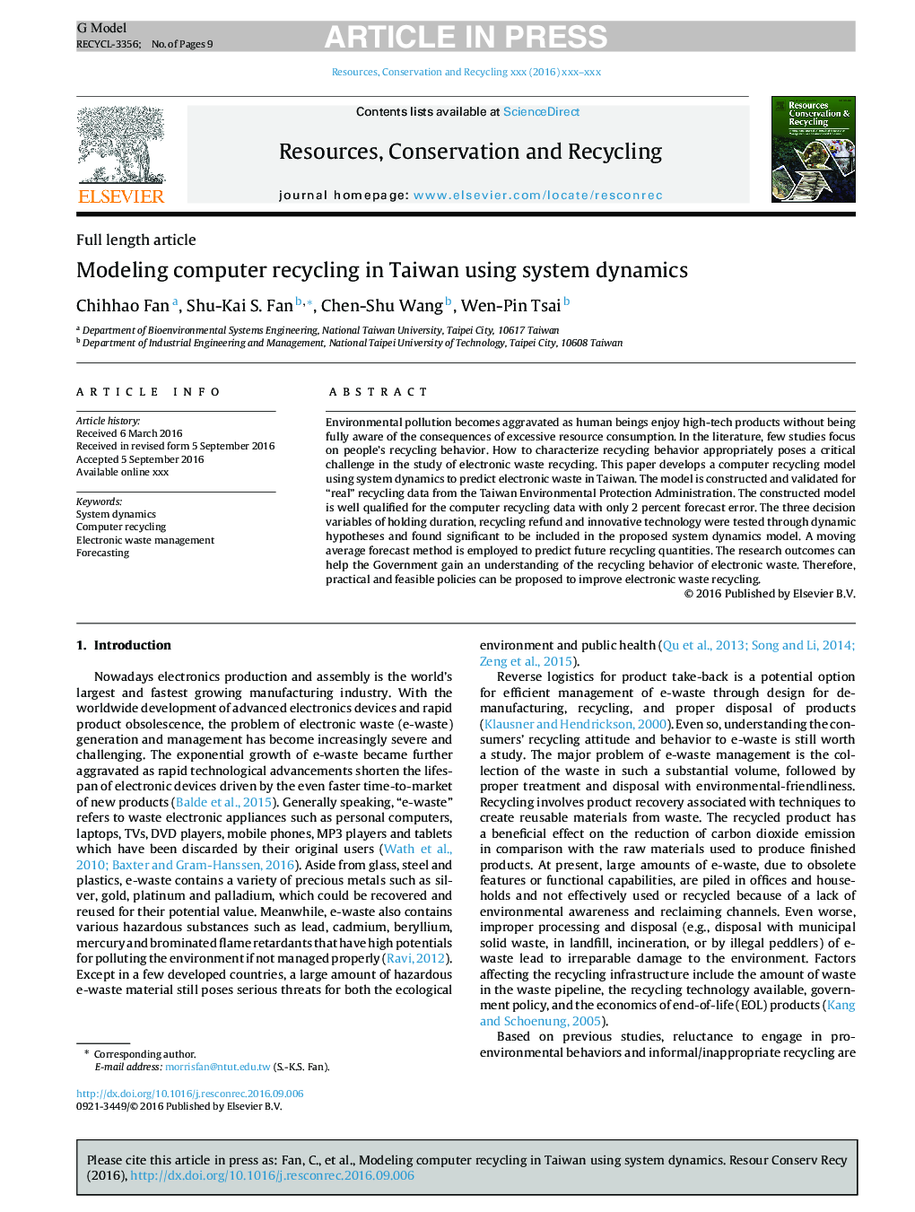 Modeling computer recycling in Taiwan using system dynamics