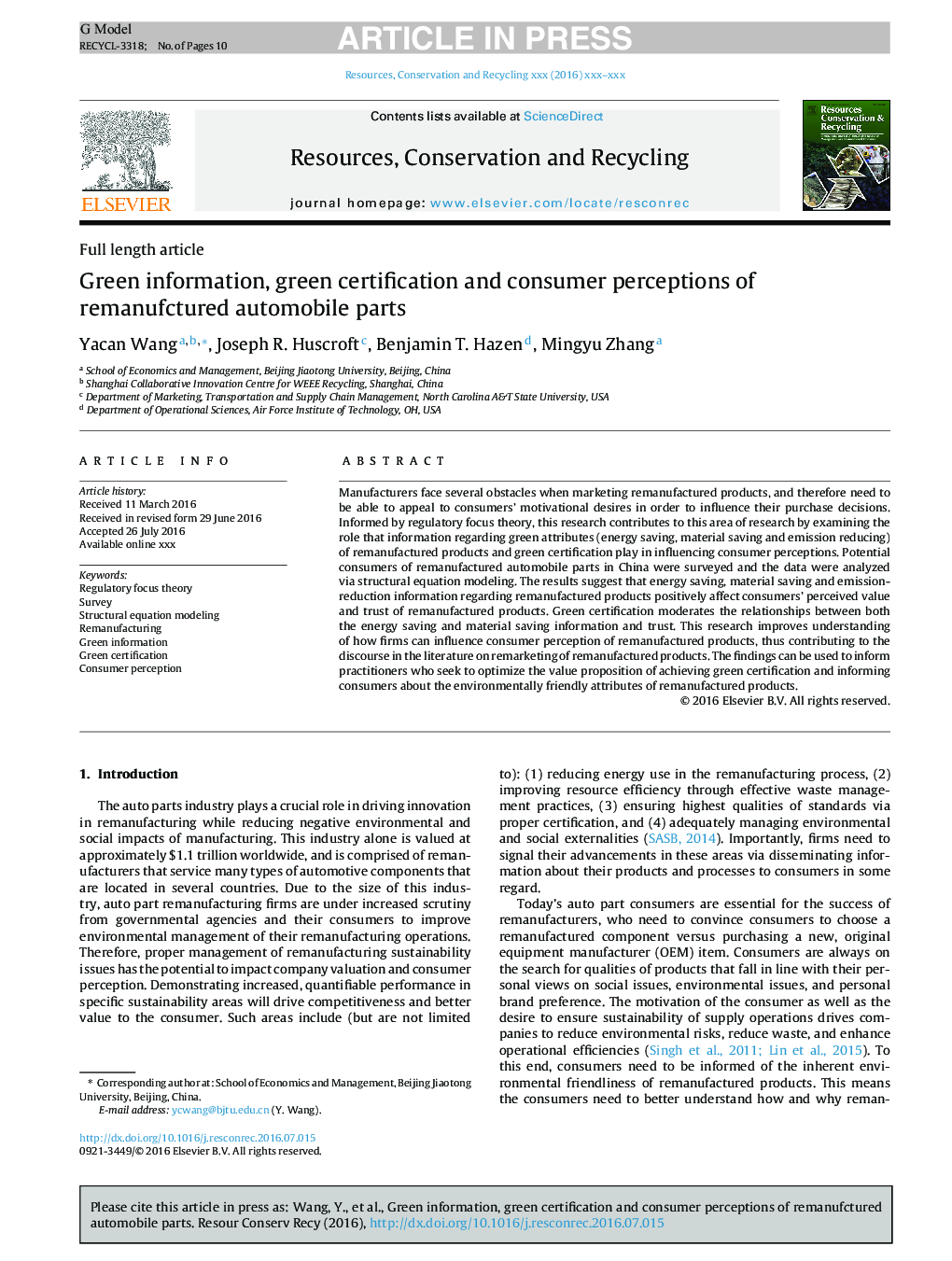 Green information, green certification and consumer perceptions of remanufctured automobile parts